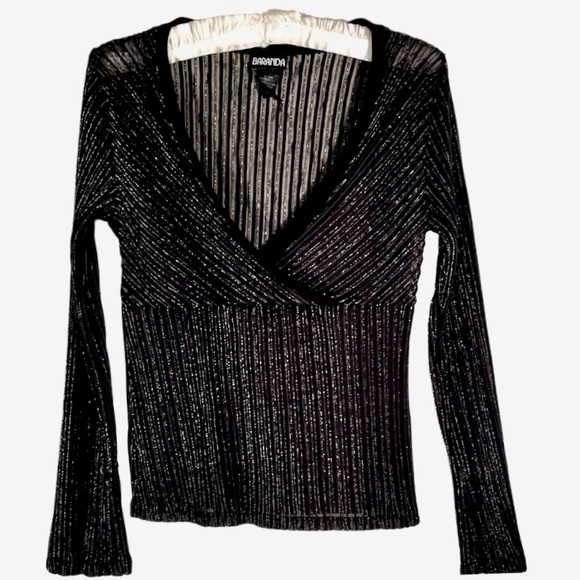 Baranda Black and Silver Faux Wrap Dress Shirt. Long Sleeve Stretchy. Size XL - Picture 2 of 12